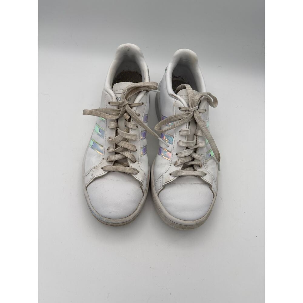 Women’s Adidas Size 7.5 White Tennis Shoes w/ Holographic Accents